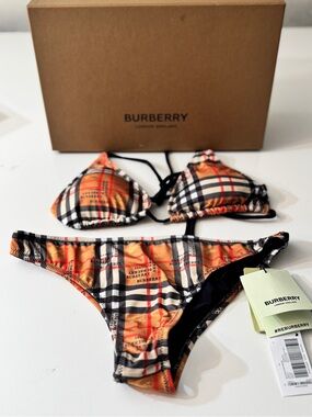 Burberry Tan Plaid Triangle Bikini Top with Red and Black Accents